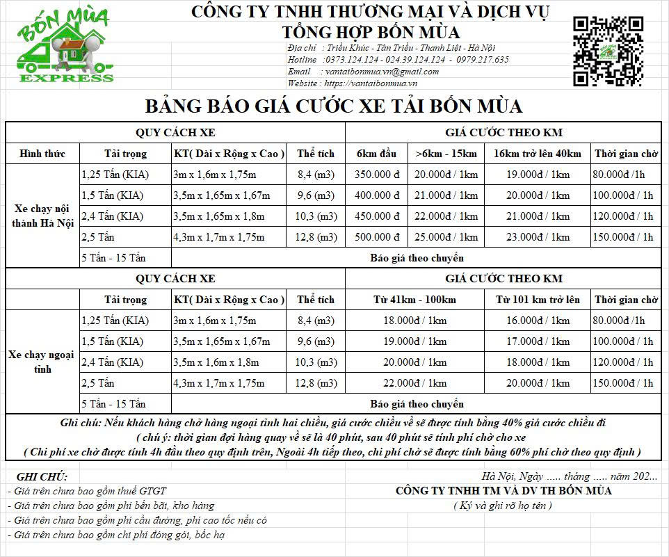 bảng giá dịch vụ cho thuê xe tải vận chuyển hàng 24h bảng báo giá cước thuê xe tải chở hàng của bốn mùa