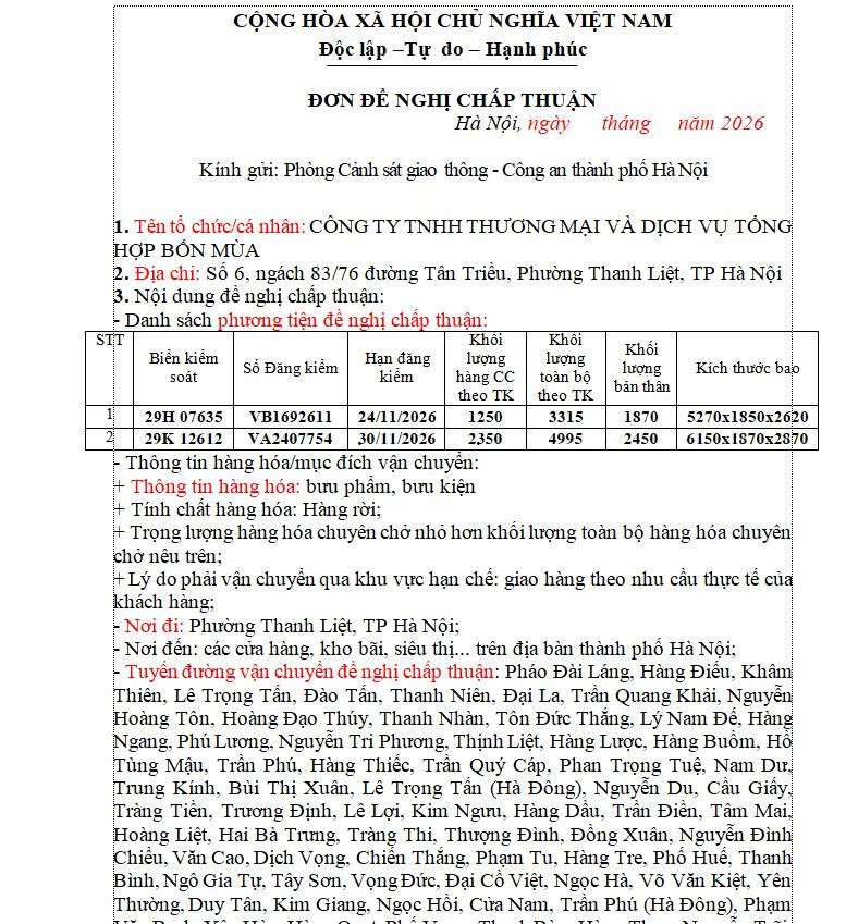 mau don xin giay phep xe tai vao pho ha noi Mẫu đơn xin cấp phép cho xe tải vào phố hà nội